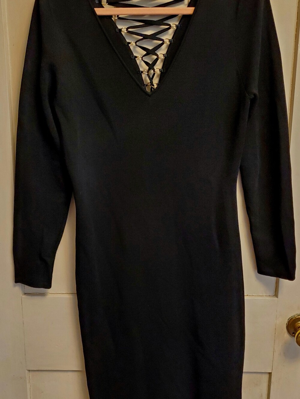 EUC CALVIN KLEIN Lace Up Back Long Sleeve Fitted Black V Neck Dress Sz Large - Picture 4 of 6